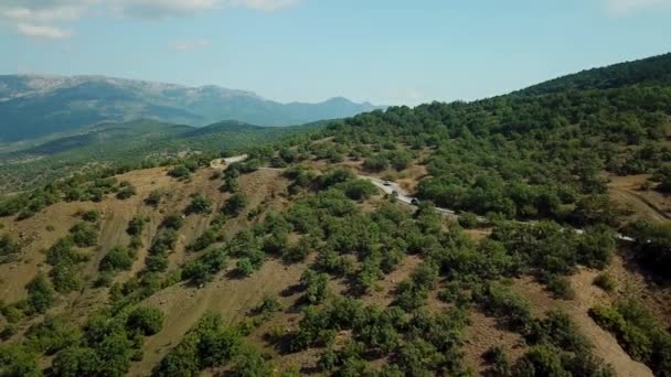 Pohled na DRONY pohled-klikatá cesta z vysokého horského průsmyku na Krym. Velká cesta. — Stock video