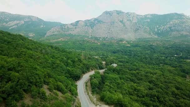 Pohled na DRONY pohled-klikatá cesta z vysokého horského průsmyku na Krym. Velká cesta. — Stock video