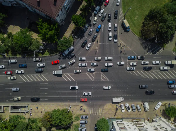 Aerial road abstract: top down view of urban city traffic at rush hour, transportation concept. — Stock Photo, Image