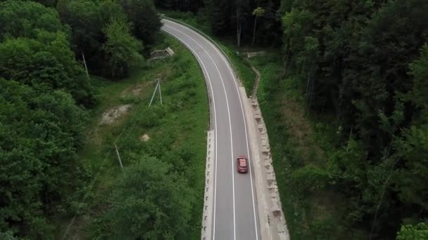 无人机的观点，跟踪模式：空中俯瞰穿越两条小路的乡村森林路，用橙色轿车移动着两边生长着茂密的绿树。沿着森林道路行驶的汽车. — 图库视频影像