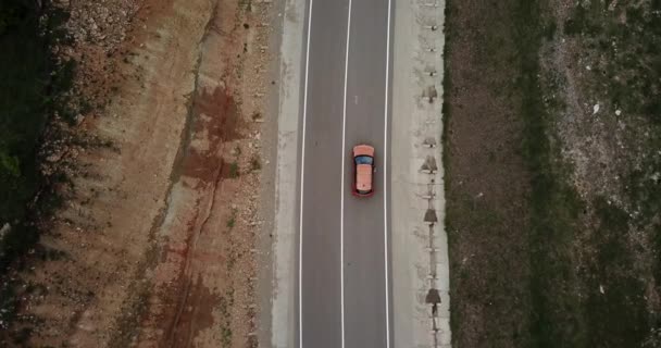 Gezichtspunt, volgmodus: uitzicht vanuit de lucht over een bosweg met twee rijstroken en oranje auto 's die groene bomen van dichte bossen aan beide zijden laten groeien. Auto rijden langs de bosweg. — Stockvideo