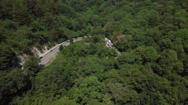 Virajlı yolun yukarısından Rusya 'da yeşil ormanlı dağda bir arabayla hava manzarası.