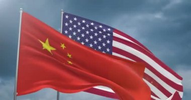 Dünyanın bayraklarını sallıyordu. Amerikan ve Çin bayrakları. ABD ve Çin arasındaki ilişkiler. Amerika ve Çin 'in bayrakları yakında. Uluslararası ilişkiler.