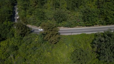 Virajlı yolun insansız hava aracı Rusya 'da yeşil ormanlı dağda bir arabayla görüldü.