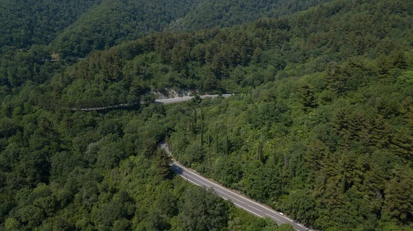 Luchtfoto van drone van bocht weg met een auto op de berg met groen bos in Rusland — Stockfoto