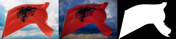 세계의 흔들거리는 깃발 - 알바니아의 국기. 두 개의 깃발과 알파 마테 이미지로 되어 있다. 원치 않는 모서리가 없는 아주 고품질의마스크. 프로페셔널 작곡을 위한 해상도높음. 3D 삽화. — 스톡 사진
