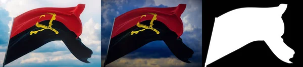 Banderas ondeando del mundo - Bandera de Angola. Set de 2 banderas e imagen alfa mate. Máscara de muy alta calidad sin borde no deseado. Alta resolución para composición profesional. Ilustración 3D. — Foto de Stock