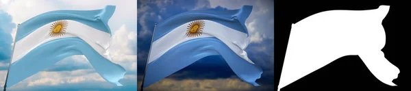 흔들리는 깃발 - 아르헨티나의 국기 - 이다. 두 개의 깃발과 알파 마테 이미지로 되어 있다. 원치 않는 모서리가 없는 아주 고품질의마스크. 프로페셔널 작곡을 위한 해상도높음. 3D 삽화. — 스톡 사진