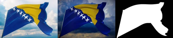 Waving flags of the world - flag of Bosnia and Hercegovina. Set of 2 flags and alpha matte image. Very high quality mask. High resolution for professional composition. 3D illustration. — Stock Photo, Image