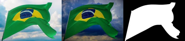 Bandeiras ondulantes do mundo - Bandeira do Brasil. Conjunto de 2 bandeiras e imagem alfa-mate. Máscara de alta qualidade sem borda indesejada. Alta resolução para composição profissional. Ilustração 3D . — Fotografia de Stock