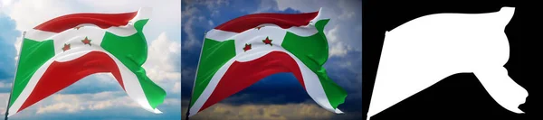 Banderas ondeando del mundo - Bandera de Burundi. Set de 2 banderas e imagen alfa mate. Máscara de muy alta calidad sin borde no deseado. Alta resolución para composición profesional. Ilustración 3D. —  Fotos de Stock