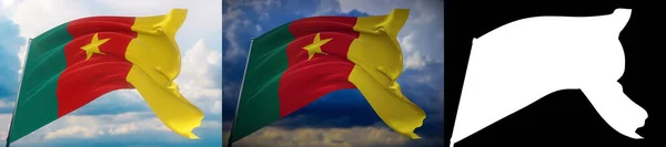 Waving flags of the world - flag of Cameroon. Set of 2 flags and alpha matte image. Very high quality mask without unwanted edge. High resolution for professional composition. 3D illustration. — Stock Photo, Image