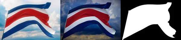 Viftande flaggor i världen - Costa Rica flagga. Set med 2 flaggor och alfa matt bild. Mycket högkvalitativ mask utan oönskad kant. Hög upplösning för professionell sammansättning. 3D-illustration. — Stockfoto
