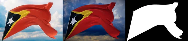 Bandiere sventolanti del mondo - bandiera di Timor Est. Set di 2 bandiere e immagine alfa opaca. Maschera di altissima qualità senza bordo indesiderato. Alta risoluzione per la composizione professionale. Illustrazione 3D. — Foto Stock