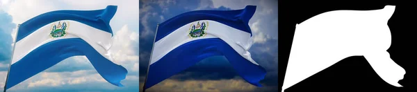 Banderas ondeando del mundo - Bandera de El Salvador. Set de 2 banderas e imagen alfa mate. Máscara de muy alta calidad sin borde no deseado. Alta resolución para composición profesional. Ilustración 3D. — Foto de Stock