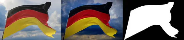 Ondeando banderas del mundo - bandera de Alemania. Set de 2 banderas e imagen alfa mate. Máscara de muy alta calidad sin borde no deseado. Alta resolución para composición profesional. Ilustración 3D. — Foto de Stock