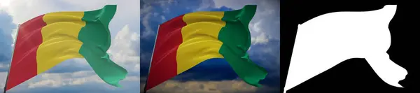 Banderas ondeando del mundo - Bandera de Guinea. Set de 2 banderas e imagen alfa mate. Máscara de muy alta calidad sin borde no deseado. Alta resolución para composición profesional. Ilustración 3D. — Foto de Stock