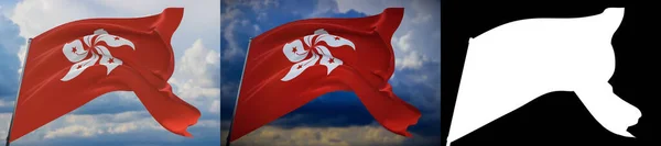 Ondeando banderas del mundo - bandera de Hong Kong. Set de 2 banderas e imagen alfa mate. Máscara de muy alta calidad sin borde no deseado. Alta resolución para composición profesional. Ilustración 3D. — Foto de Stock