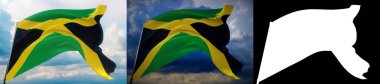 Dünyanın bayraklarını sallıyor - Jamaika bayrağı. 2 bayrak ve alfa mat görüntüsü. İstenmeyen bir tarafı olmayan çok kaliteli bir maske. Profesyonel kompozisyon için yüksek çözünürlük. 3B illüstrasyon.
