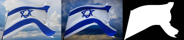 A világ zászlóinak lobogtatása - Izrael zászlója. Állítsa be 2 zászlók és alfa matt kép. Kiváló minőségű maszk, nem kívánt szélek nélkül. Nagy felbontású professzionális kompozíció. 3D illusztráció. — Stock Fotó