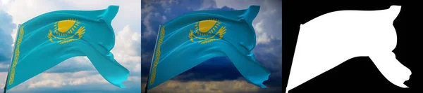 Drapeaux du monde - drapeau du Kazakhstan. Lot de 2 drapeaux et image alpha mat. Masque de très haute qualité sans bord indésirable. Haute résolution pour la composition professionnelle. Illustration 3D. — Photo