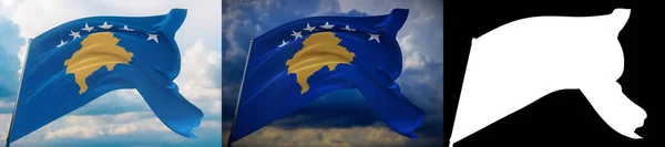 A világ zászlóinak lobogtatása - Koszovó zászlója. Állítsa be 2 zászlók és alfa matt kép. Kiváló minőségű maszk, nem kívánt szélek nélkül. Nagy felbontású professzionális kompozíció. 3D illusztráció. — Stock Fotó