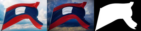 Ondeando banderas del mundo - Bandera de Laos. Set de 2 banderas e imagen alfa mate. Máscara de muy alta calidad sin borde no deseado. Alta resolución para composición profesional. Ilustración 3D. — Foto de Stock