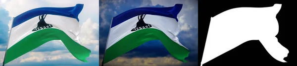 Κυματιστές σημαίες του κόσμου - σημαία του Λεσότο. Σύνολο 2 σημαίες και άλφα ματ εικόνα. Πολύ υψηλής ποιότητας μάσκα χωρίς ανεπιθύμητη άκρη. Υψηλή ανάλυση για επαγγελματική σύνθεση. 3D απεικόνιση. — Φωτογραφία Αρχείου