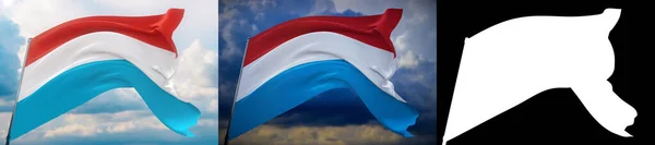 Wuivende vlaggen van de wereld - vlag van Luxemburg. Set van 2 vlaggen en alpha matte afbeelding. Zeer hoge kwaliteit masker zonder ongewenste rand. Hoge resolutie voor professionele compositie. 3D illustratie. — Stockfoto