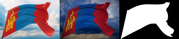 Waving flags of the world - flag of Mongolia. Set of 2 flags and alpha matte image. Very high quality mask without unwanted edge. High resolution for professional composition. 3D illustration. — Stock Photo, Image