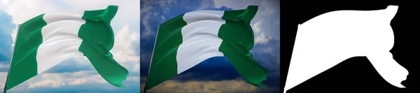 Хвилюючі прапори світу - прапор Нігерії. Набір 2 прапорів і зображення альфа-матів. Дуже якісна маска без небажаного краю. Висока роздільність професійного складу. 3D ілюстрація. — стокове фото