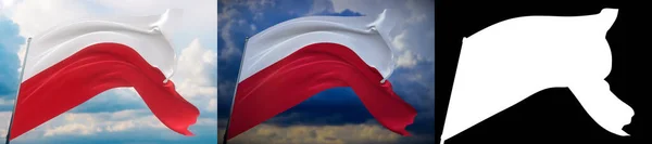 Κυματιστές σημαίες του κόσμου - σημαία της Πολωνίας. Σύνολο 2 σημαίες και άλφα ματ εικόνα. Πολύ υψηλής ποιότητας μάσκα χωρίς ανεπιθύμητη άκρη. Υψηλή ανάλυση για επαγγελματική σύνθεση. 3D απεικόνιση. — Φωτογραφία Αρχείου