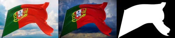 Flaggen der Welt schwenken - Flagge Portugals. Set aus 2 Fahnen und alpha-mattem Bild. Sehr hochwertige Maske ohne unerwünschte Kante. Hohe Auflösung für professionelle Komposition. 3D-Illustration. — Stockfoto