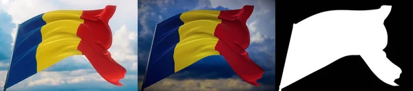 세계의 깃발을 흔들고 있는 루마니아의 국기입니다. 두 개의 깃발과 알파 마테 이미지로 되어 있다. 원치 않는 모서리가 없는 아주 고품질의마스크. 프로페셔널 작곡을 위한 해상도높음. 3D 삽화. — 스톡 사진