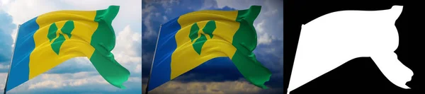 A világ zászlóinak lobogtatása - Saint Vincent és a Grenadine-szigetek zászlója. Állítsa be 2 zászlók és alfa matt kép. Nagyon jó minőségű maszk. Nagy felbontású professzionális kompozíció. 3D illusztráció. — Stock Fotó