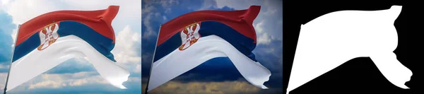 Ondeando banderas del mundo - bandera de Serbia. Set de 2 banderas e imagen alfa mate. Máscara de muy alta calidad sin borde no deseado. Alta resolución para composición profesional. Ilustración 3D. — Foto de Stock