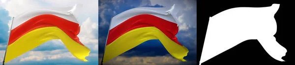 Κυματιστές σημαίες του κόσμου - σημαία της Νότιας Οσετίας. Σύνολο 2 σημαίες και άλφα ματ εικόνα. Πολύ υψηλής ποιότητας μάσκα χωρίς ανεπιθύμητη άκρη. Υψηλή ανάλυση για επαγγελματική σύνθεση. 3D απεικόνιση. — Φωτογραφία Αρχείου