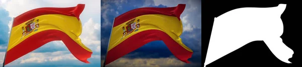 Banderas ondeando del mundo - Bandera de España. Set de 2 banderas e imagen alfa mate. Máscara de muy alta calidad sin borde no deseado. Alta resolución para composición profesional. Ilustración 3D. —  Fotos de Stock