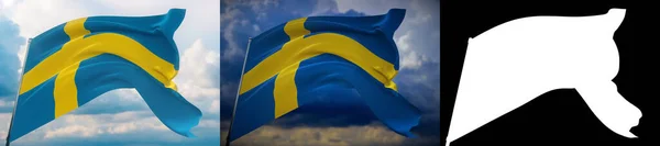 세계의 흔들거리는 깃발 - 스웨덴의 국기. 두 개의 깃발과 알파 마테 이미지로 되어 있다. 원치 않는 모서리가 없는 아주 고품질의마스크. 프로페셔널 작곡을 위한 해상도높음. 3D 삽화. — 스톡 사진