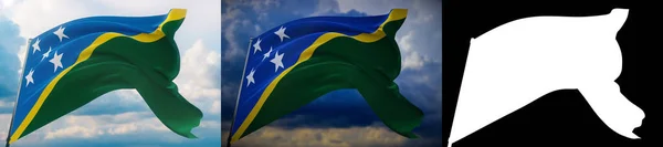 Хвилюючі прапори світу - прапор Соломонових островів. Набір 2 прапорів і зображення альфа-матів. Дуже якісна маска без небажаного краю. Висока роздільність професійного складу. 3D ілюстрація. — стокове фото