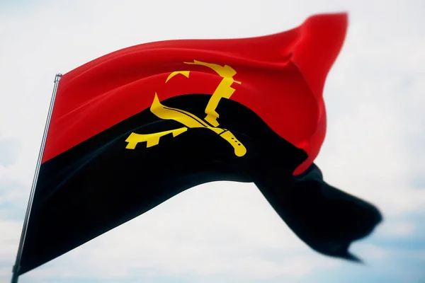 飘扬的国旗- -安哥拉国旗.用浅层的场发射，有选择的聚焦。3D插图. — 图库照片