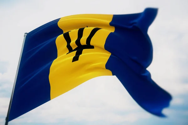 Bandeiras ondulantes do mundo - Bandeira de Barbados. Tiro com uma profundidade de campo rasa, foco seletivo. Ilustração 3D. — Fotografia de Stock