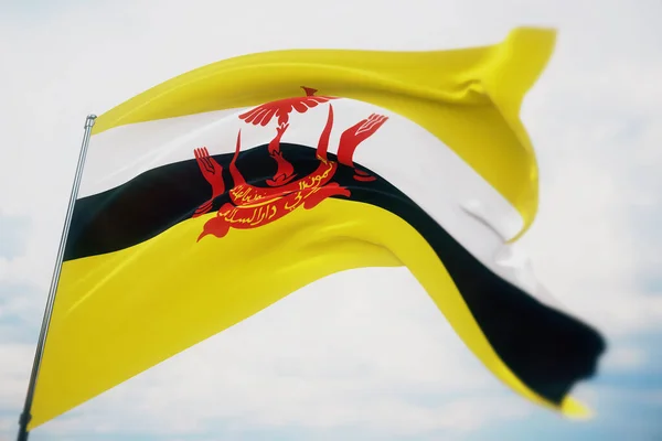 Vlnící se vlajky světa - vlajka Brunej. Výstřel s mělkou hloubkou pole, selektivní zaměření. 3D ilustrace. — Stock fotografie