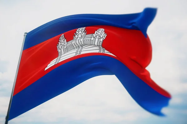 Banderas ondeando del mundo - Bandera de Camboya. Disparo con una profundidad de campo poco profunda, enfoque selectivo. Ilustración 3D. — Foto de Stock