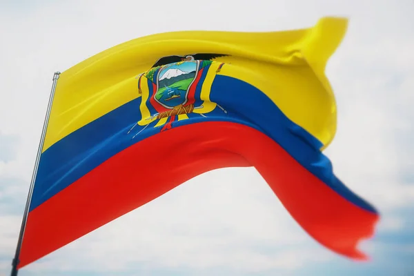 Ondeando banderas del mundo - Bandera de Ecuador. Disparo con una profundidad de campo poco profunda, enfoque selectivo. Ilustración 3D. —  Fotos de Stock