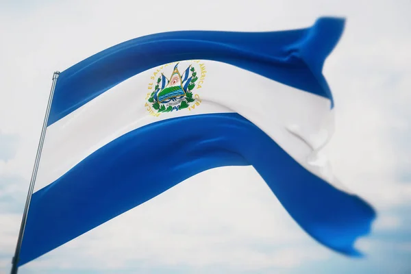 Wuivende vlaggen van de wereld - vlag van El Salvador. Schot met een ondiepe scherptediepte, selectieve focus. 3D illustratie. — Stockfoto