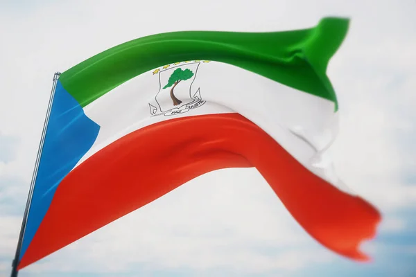 Bandeiras ondulantes do mundo - Bandeira da Guiné Equatorial. Tiro com uma profundidade de campo rasa, foco seletivo. Ilustração 3D. — Fotografia de Stock