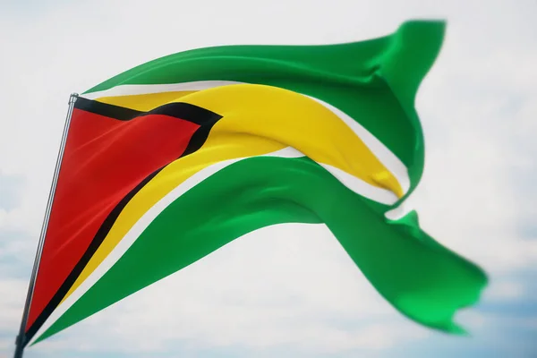 Wuivende vlaggen van de wereld - vlag van Guyana. Schot met een ondiepe scherptediepte, selectieve focus. 3D illustratie. — Stockfoto