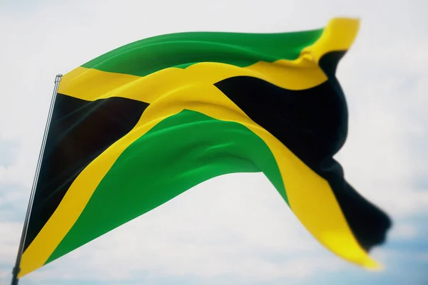 Zwaaiende vlaggen van de wereld - vlag van Jamaica. Schot met een ondiepe scherptediepte, selectieve focus. 3D illustratie. — Stockfoto