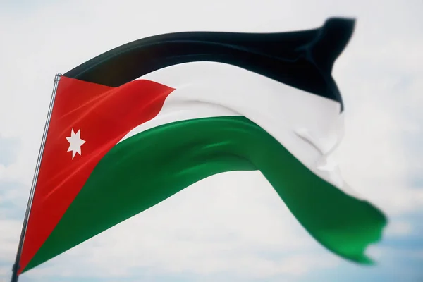 Acenando bandeiras do mundo - bandeira da Jordânia. Tiro com uma profundidade de campo rasa, foco seletivo. Ilustração 3D. — Fotografia de Stock